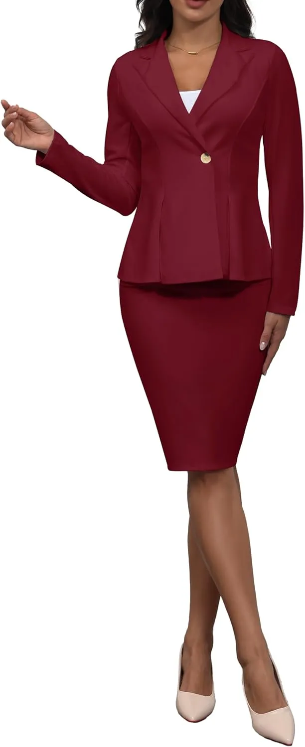 2 Piece Outfits for Women Solid Blazer Jacket Skirts Sets Two Piece Business Formal Suit Sets