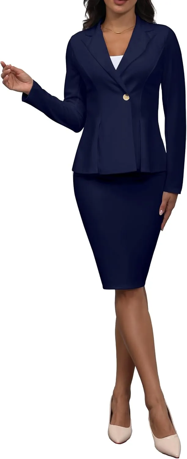 2 Piece Outfits for Women Solid Blazer Jacket Skirts Sets Two Piece Business Formal Suit Sets