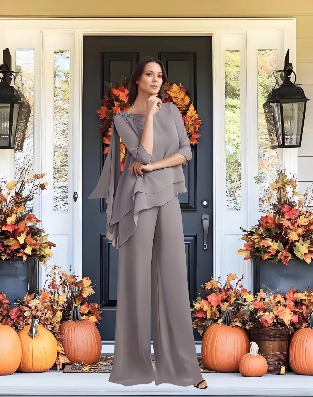 2 Pieces Mother of The Bride Pant Suits for Wedding Chiffon Formal Pantsuits for Women Evening Party
