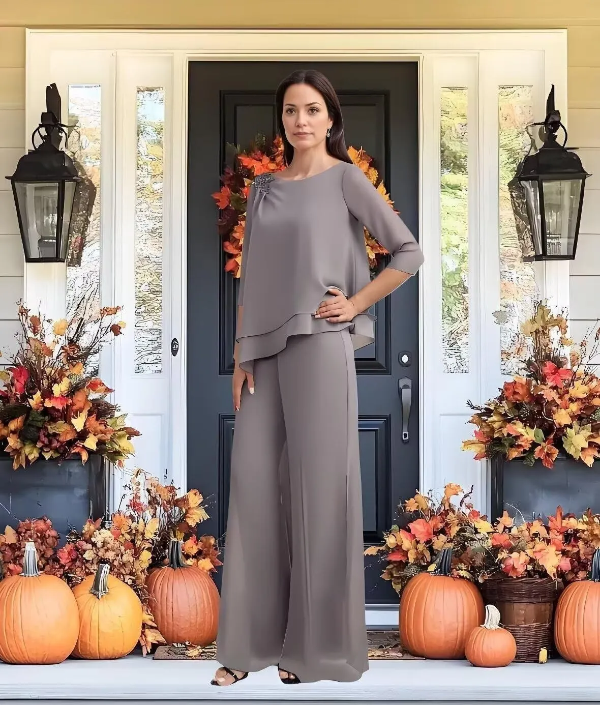 2 Pieces Mother of The Bride Pant Suits for Wedding Chiffon Formal Pantsuits for Women Evening Party