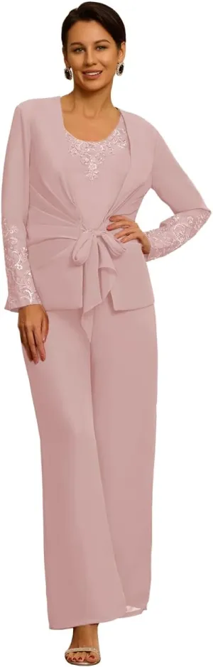 3 Pieces Mother of The Bride Pant Suit with Jacket Long Sleeve Formal Wedding Reception Outfit Sets Mother of The Groom