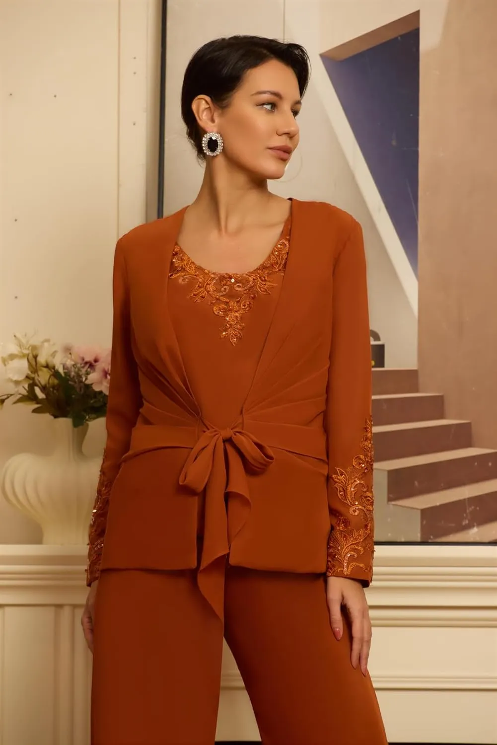 3 Pieces Mother of The Bride Pant Suit with Jacket Long Sleeve Formal Wedding Reception Outfit Sets Mother of The Groom