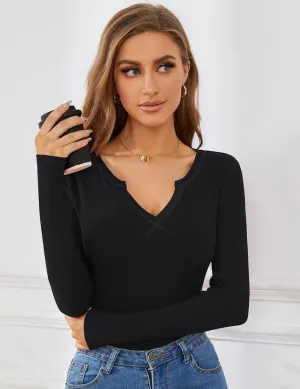 AKEWEI Women's Soft V Neck Ribbed Knit Shirts Basic Long Sleeve Tops Comfortable Long Sleeve Shirts Tunic Blouse Clothes