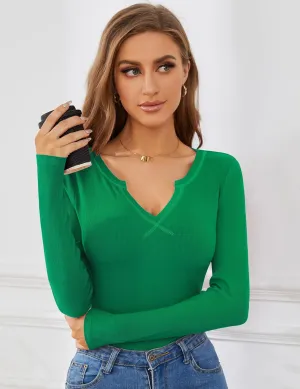 AKEWEI Women's Soft V Neck Ribbed Knit Shirts Basic Long Sleeve Tops Comfortable Long Sleeve Shirts Tunic Blouse Clothes