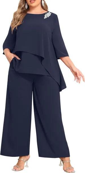 AOVDE Plus Size Pant Suits Mother of Bride Dressy Pant Suits 2 Piece Outfits with Pockets for Women Wedding Guest