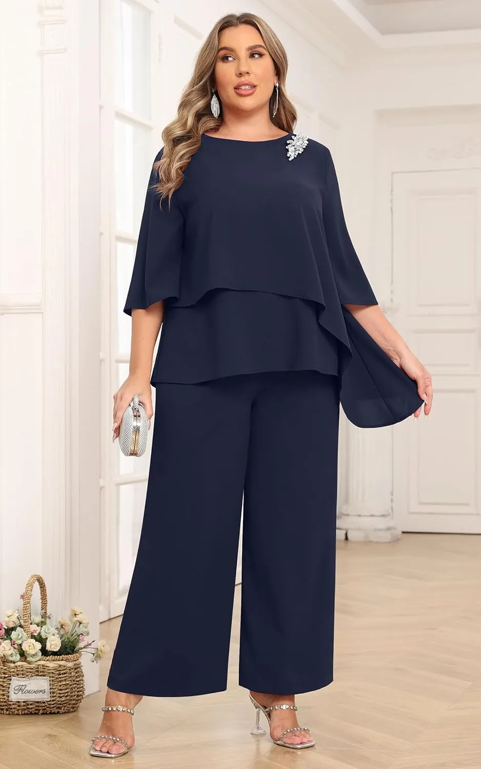 AOVDE Plus Size Pant Suits Mother of Bride Dressy Pant Suits 2 Piece Outfits with Pockets for Women Wedding Guest