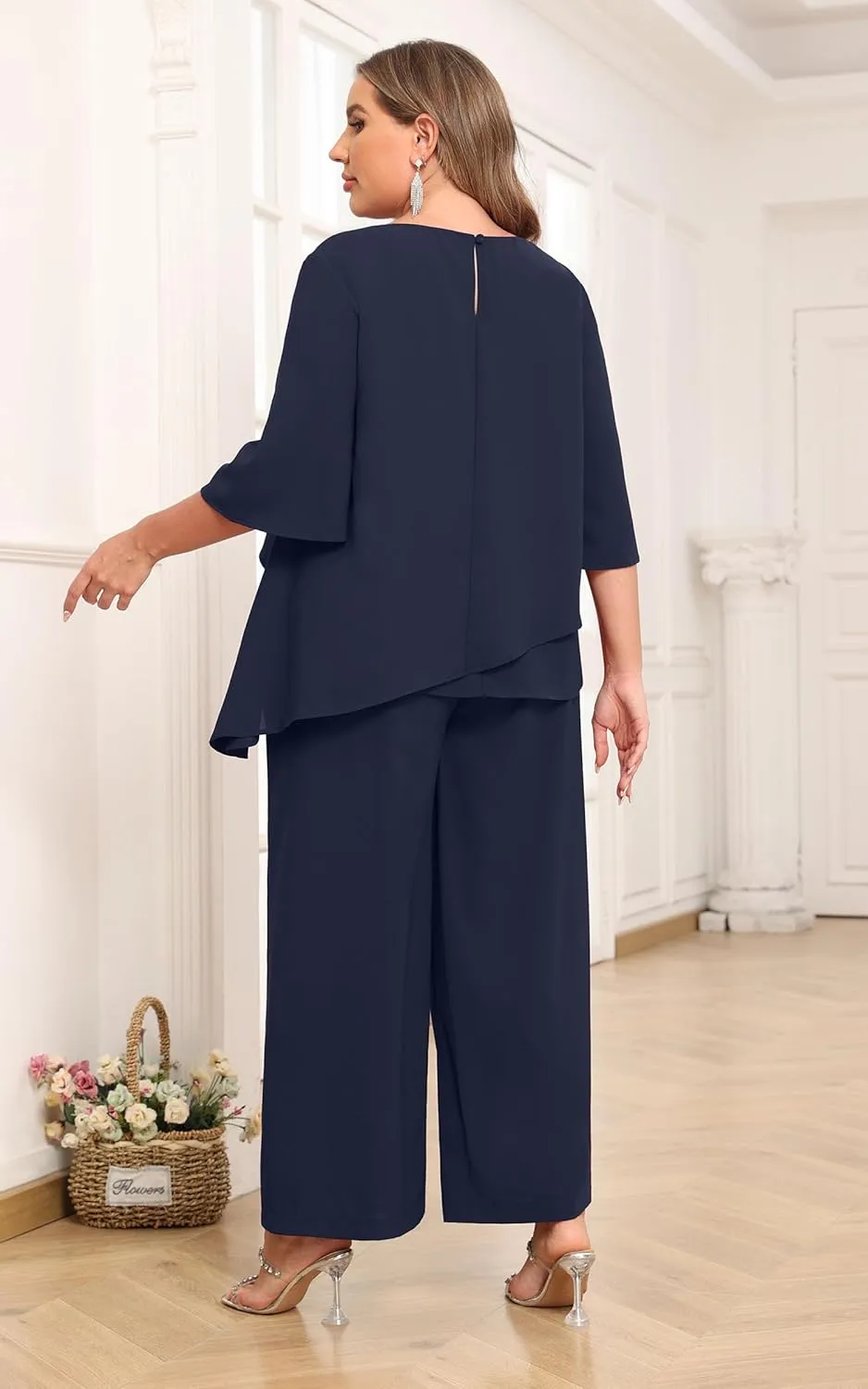 AOVDE Plus Size Pant Suits Mother of Bride Dressy Pant Suits 2 Piece Outfits with Pockets for Women Wedding Guest