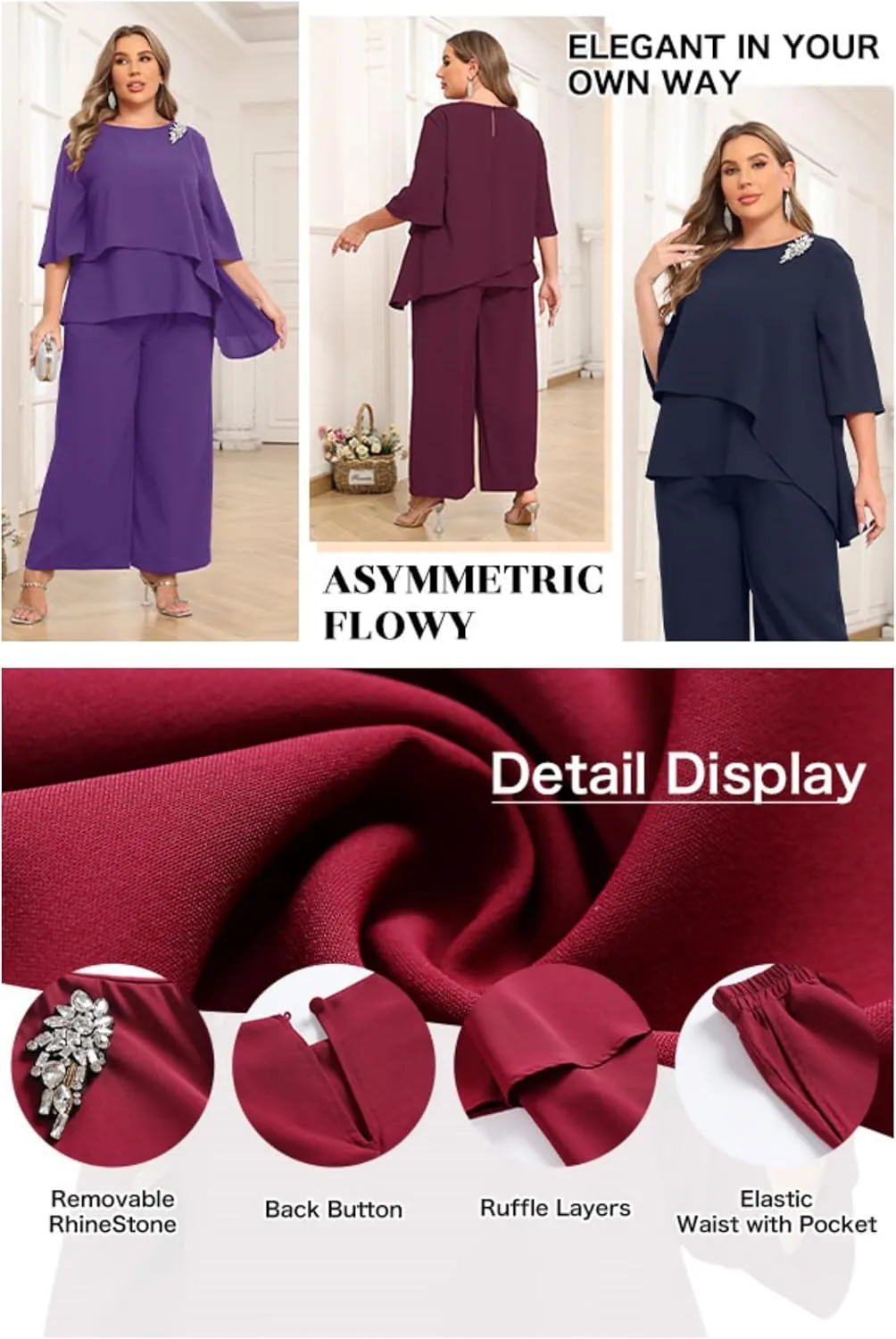AOVDE Plus Size Pant Suits Mother of Bride Dressy Pant Suits 2 Piece Outfits with Pockets for Women Wedding Guest