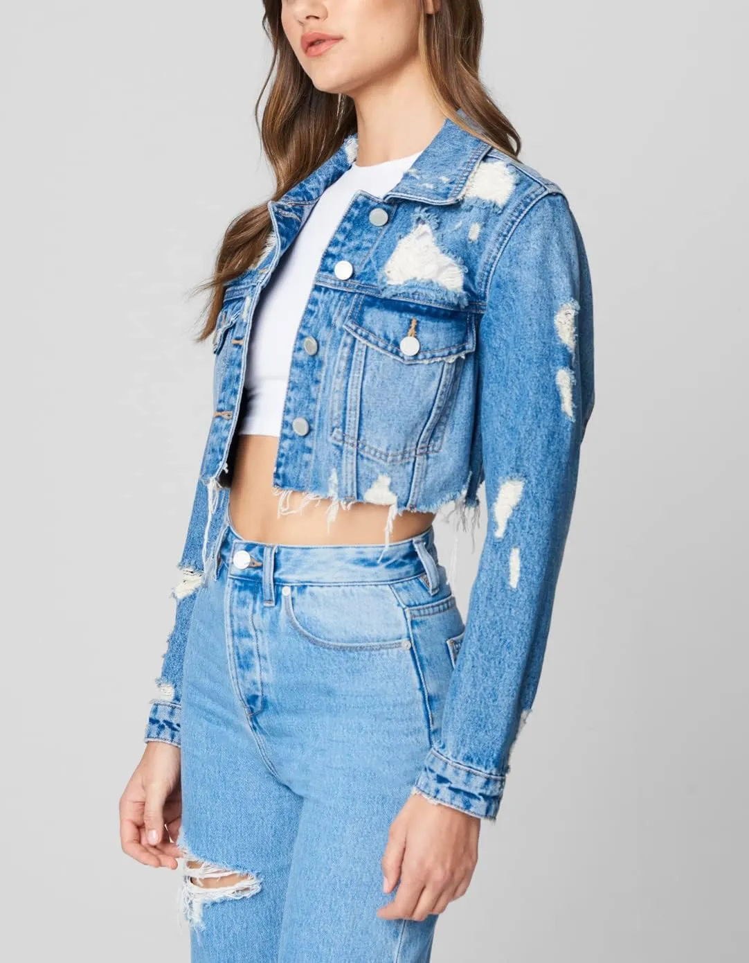 [BLANKNYC] womens Luxury Clothing Cropped and Distressed Denim Trucker Jackets, Comfortable & Stylish Coats