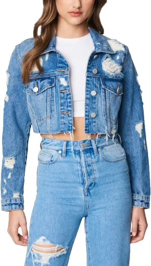 [BLANKNYC] womens Luxury Clothing Cropped and Distressed Denim Trucker Jackets, Comfortable & Stylish Coats