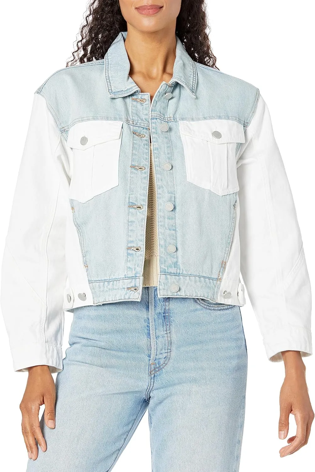 [BLANKNYC] Womens Luxury Clothing Two Toned Indigo & White Patchwork Denim Trucker Jacket, Comfortable & Stylish