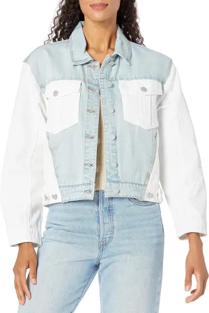 [BLANKNYC] Womens Luxury Clothing Two Toned Indigo & White Patchwork Denim Trucker Jacket, Comfortable & Stylish