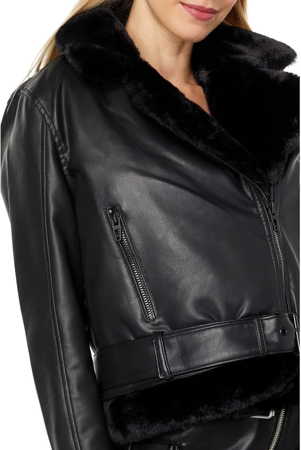 [BLANKNYC] Womens Luxury Clothing Vegan Leather Moto Jacket With Fur Trim, Comfortable & Stylish Coat