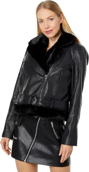 [BLANKNYC] Womens Luxury Clothing Vegan Leather Moto Jacket With Fur Trim, Comfortable & Stylish Coat