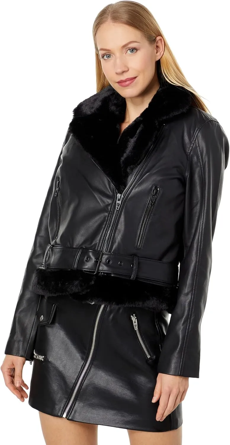 [BLANKNYC] Womens Luxury Clothing Vegan Leather Moto Jacket With Fur Trim, Comfortable & Stylish Coat