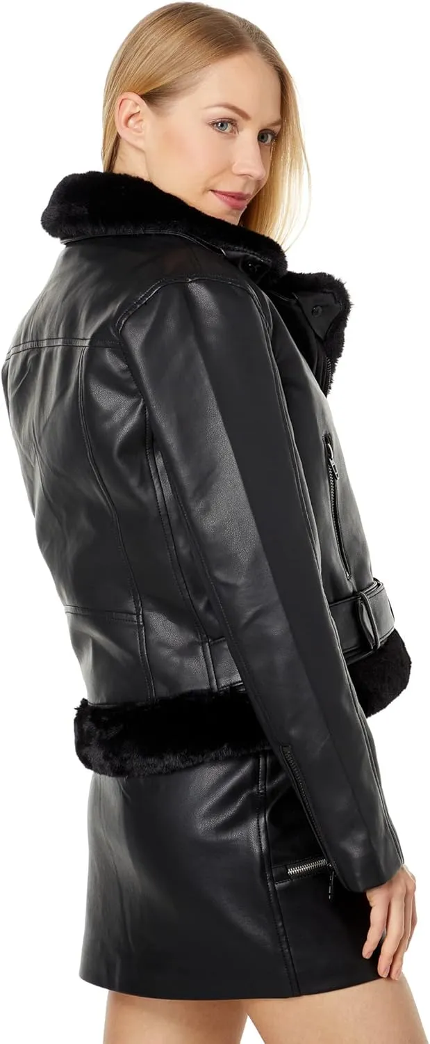[BLANKNYC] Womens Luxury Clothing Vegan Leather Moto Jacket With Fur Trim, Comfortable & Stylish Coat