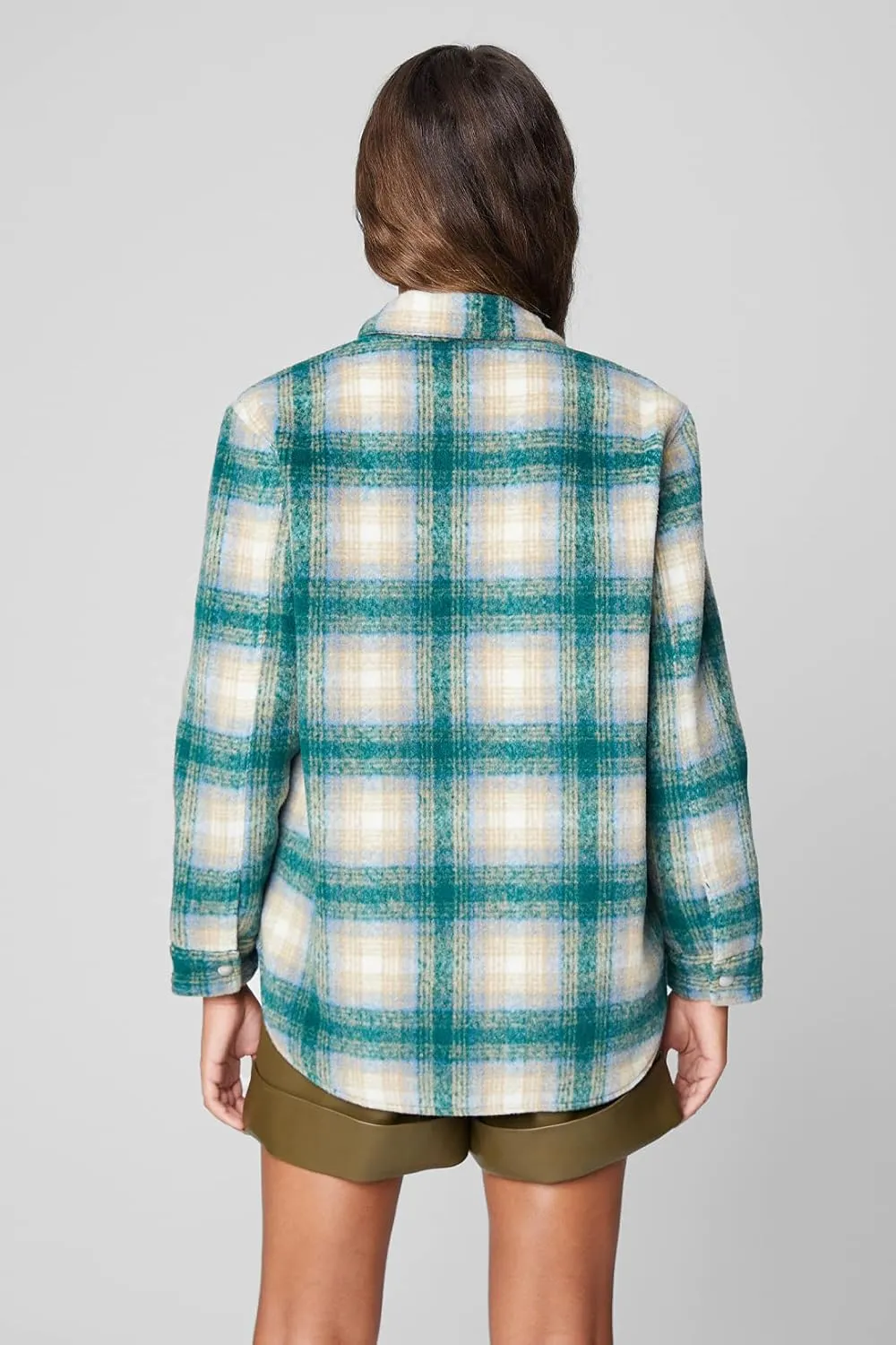 [BLANKNYC] Womens Oversized Flannel Shirt Jacket, Comfortable Long Sleeve & Stylish Coat, Green Room, X-Small