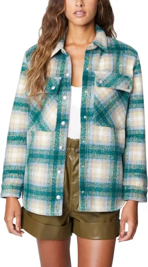 [BLANKNYC] Womens Oversized Flannel Shirt Jacket, Comfortable Long Sleeve & Stylish Coat, Green Room, X-Small