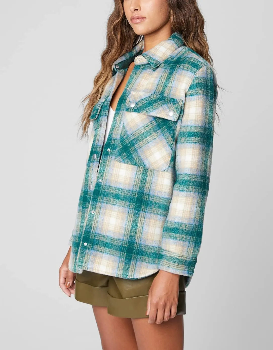 [BLANKNYC] Womens Oversized Flannel Shirt Jacket, Comfortable Long Sleeve & Stylish Coat, Green Room, X-Small