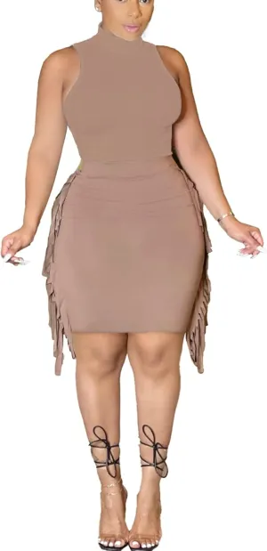 Bluewolfsea Women Casual 2 Piece Outfits Bodycon Dress Summer Sleeveless Tank Tops Side Tassel Midi Skirt Set