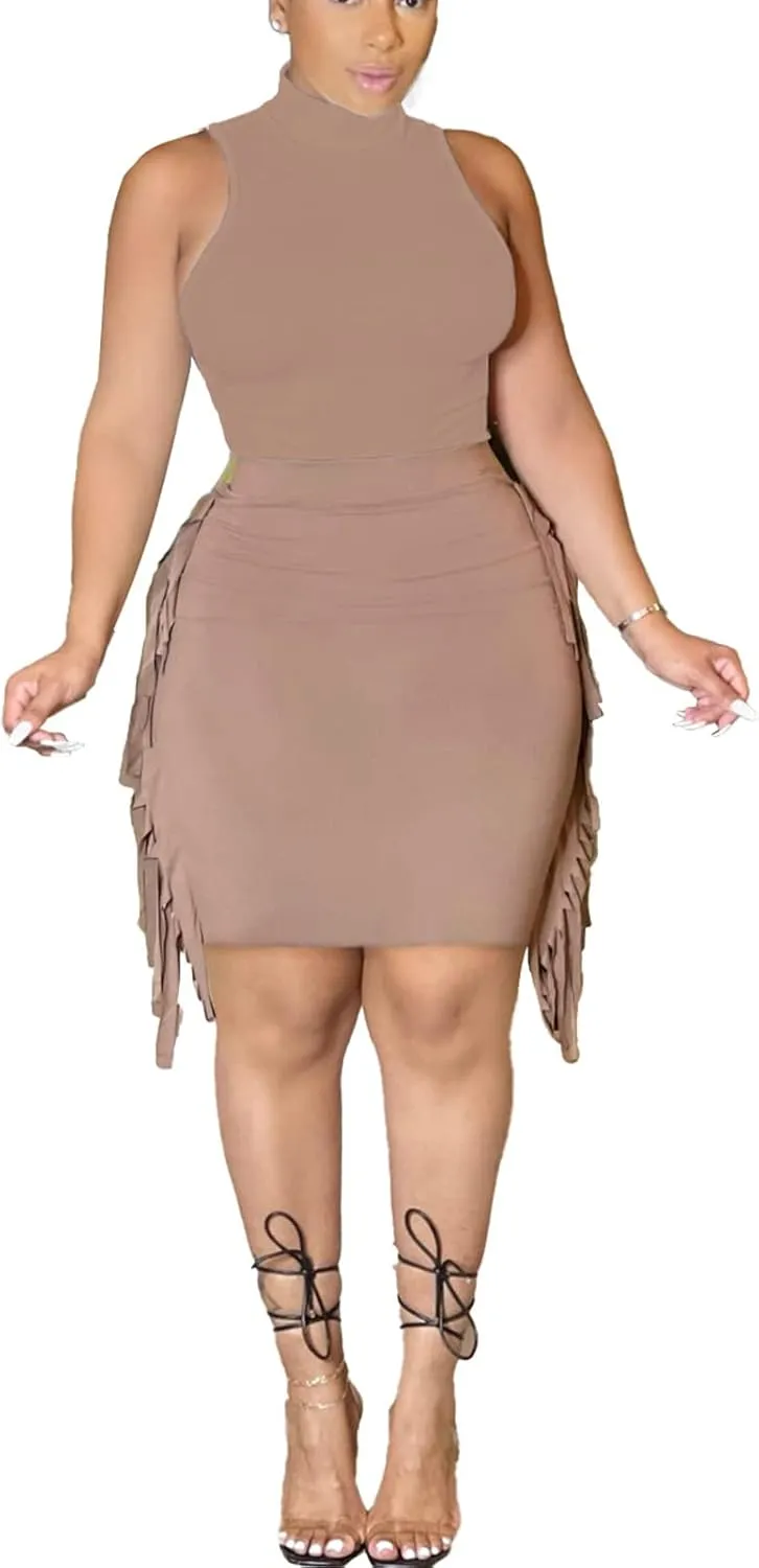 Bluewolfsea Women Casual 2 Piece Outfits Bodycon Dress Summer Sleeveless Tank Tops Side Tassel Midi Skirt Set