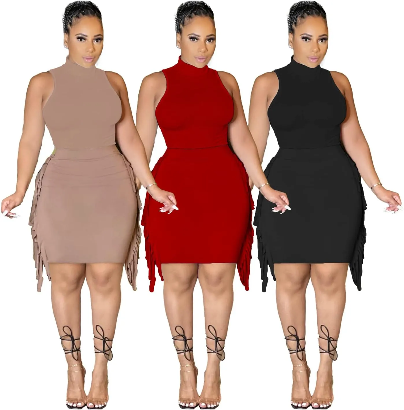 Bluewolfsea Women Casual 2 Piece Outfits Bodycon Dress Summer Sleeveless Tank Tops Side Tassel Midi Skirt Set