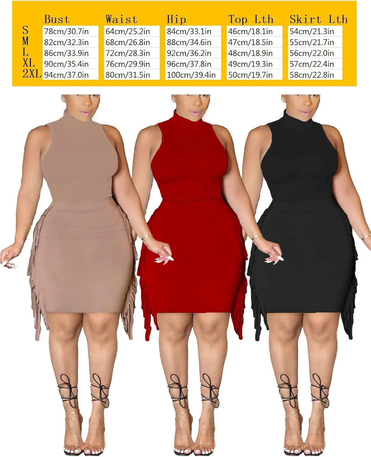 Bluewolfsea Women Casual 2 Piece Outfits Bodycon Dress Summer Sleeveless Tank Tops Side Tassel Midi Skirt Set