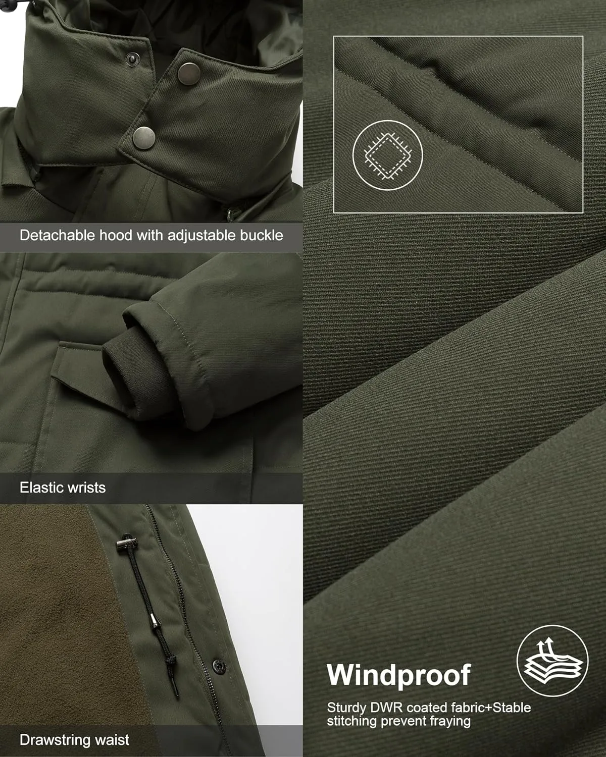Chrisuno Men's Big and Tall Winter Coat Insulated Military Parka Jacket Waterproof Fleece Lined Thickened Detachable Hood