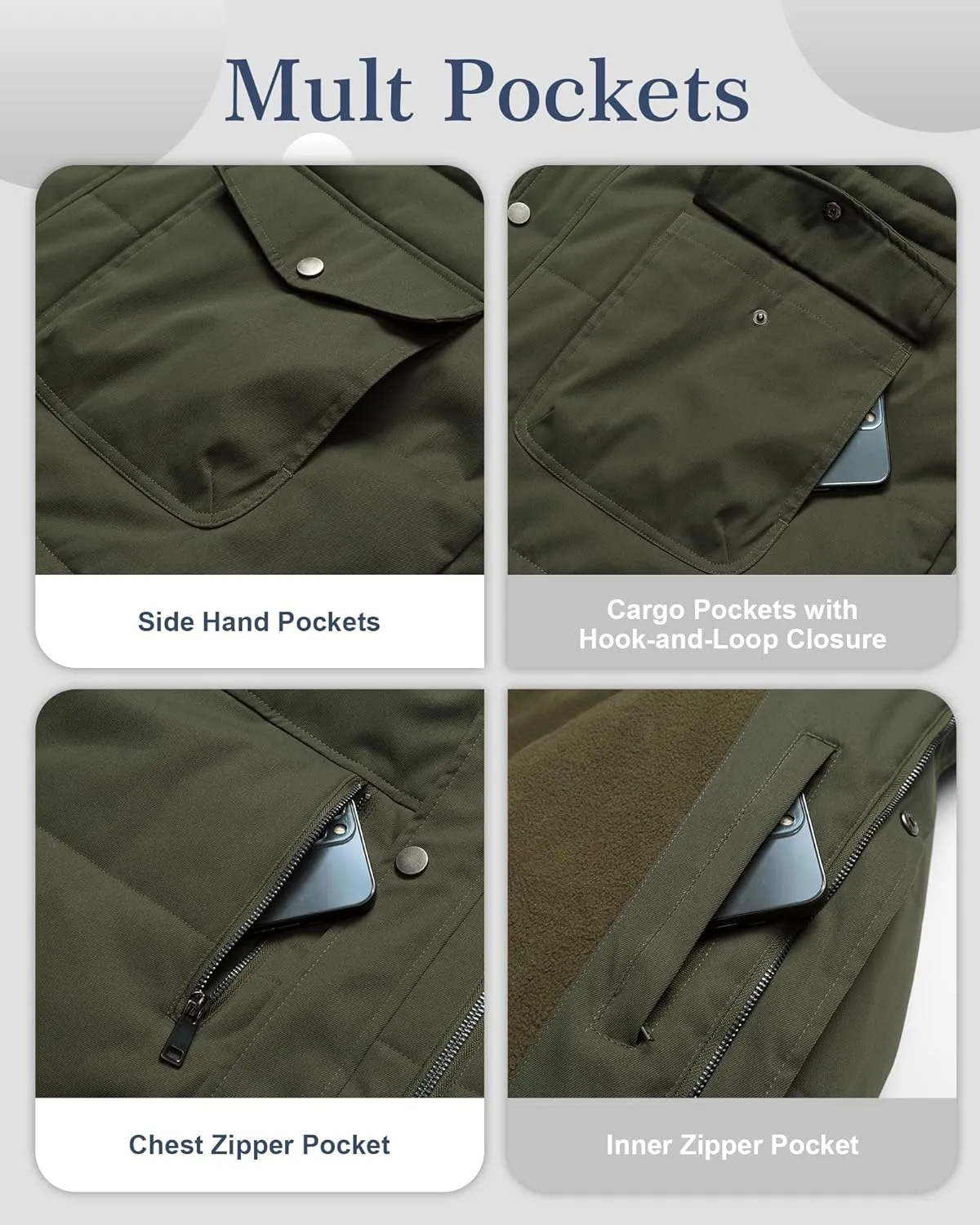 Chrisuno Men's Big and Tall Winter Coat Insulated Military Parka Jacket Waterproof Fleece Lined Thickened Detachable Hood