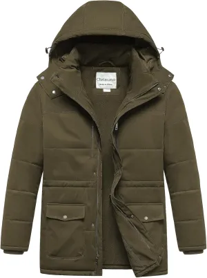 Chrisuno Men's Big and Tall Winter Coat Insulated Military Parka Jacket Waterproof Fleece Lined Thickened Detachable Hood