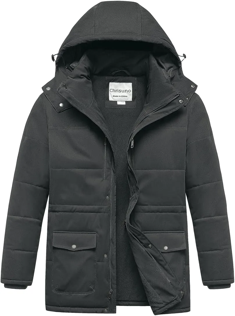 Chrisuno Men's Big and Tall Winter Coat Insulated Military Parka Jacket Waterproof Fleece Lined Thickened Detachable Hood