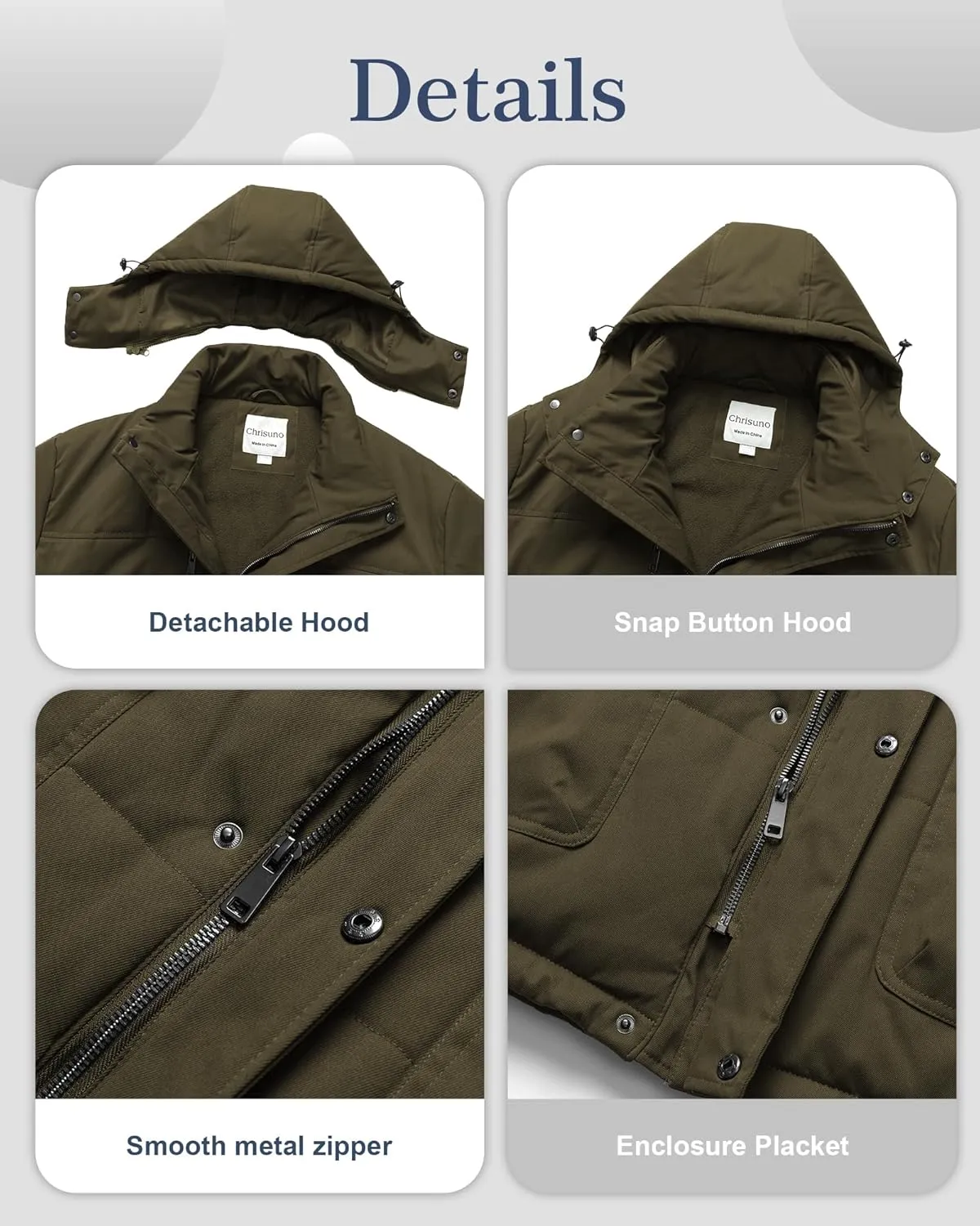 Chrisuno Men's Big and Tall Winter Coat Insulated Military Parka Jacket Waterproof Fleece Lined Thickened Detachable Hood
