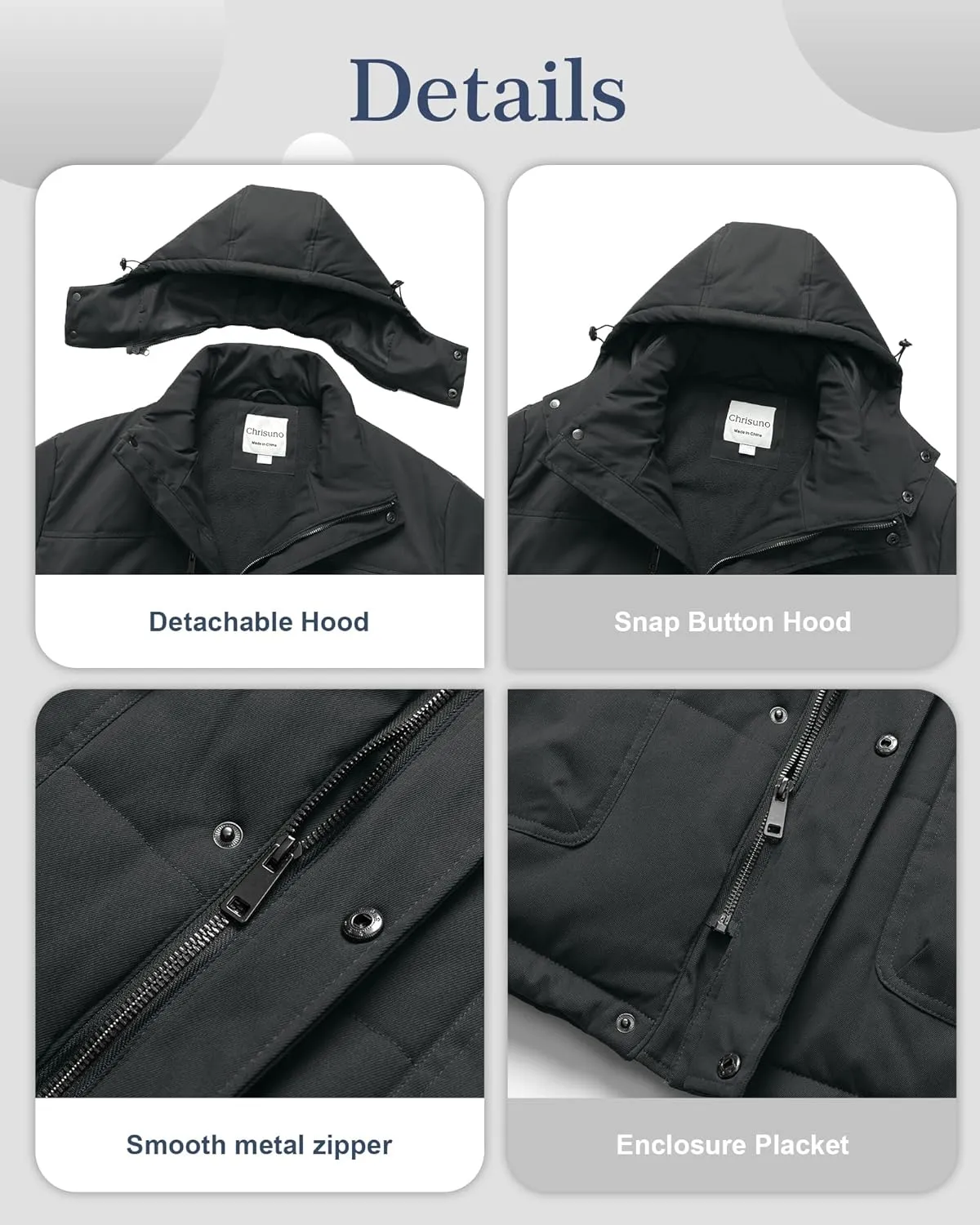 Chrisuno Men's Big and Tall Winter Coat Insulated Military Parka Jacket Waterproof Fleece Lined Thickened Detachable Hood