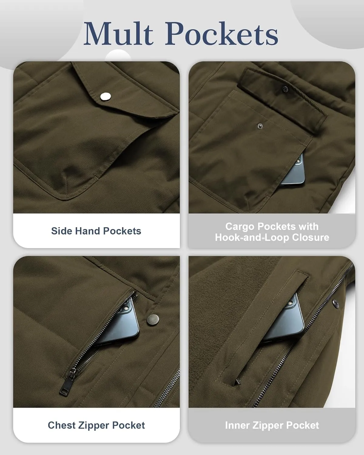 Chrisuno Men's Big and Tall Winter Coat Insulated Military Parka Jacket Waterproof Fleece Lined Thickened Detachable Hood