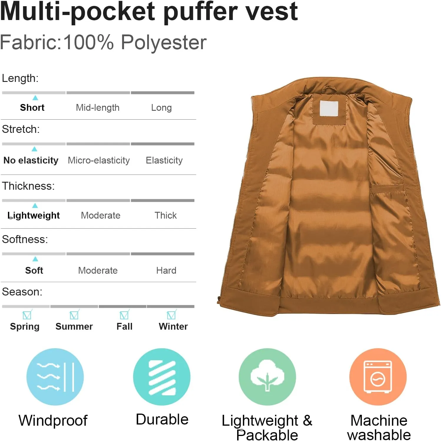 Chrisuno Men's Lightweight Winter Puffer Ski Vest Jacket Packable Outerwear