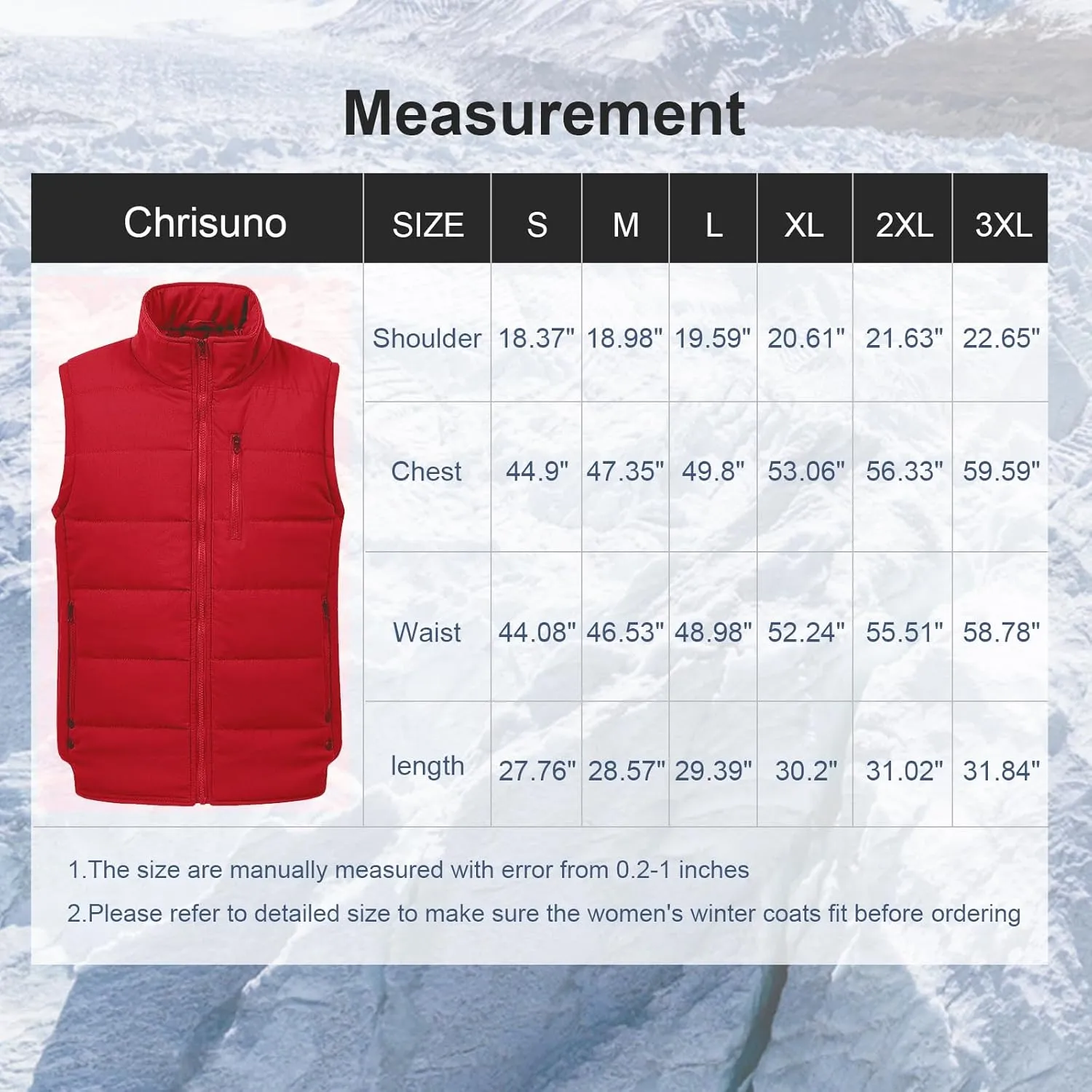 Chrisuno Men's Lightweight Winter Puffer Ski Vest Jacket Packable Outerwear