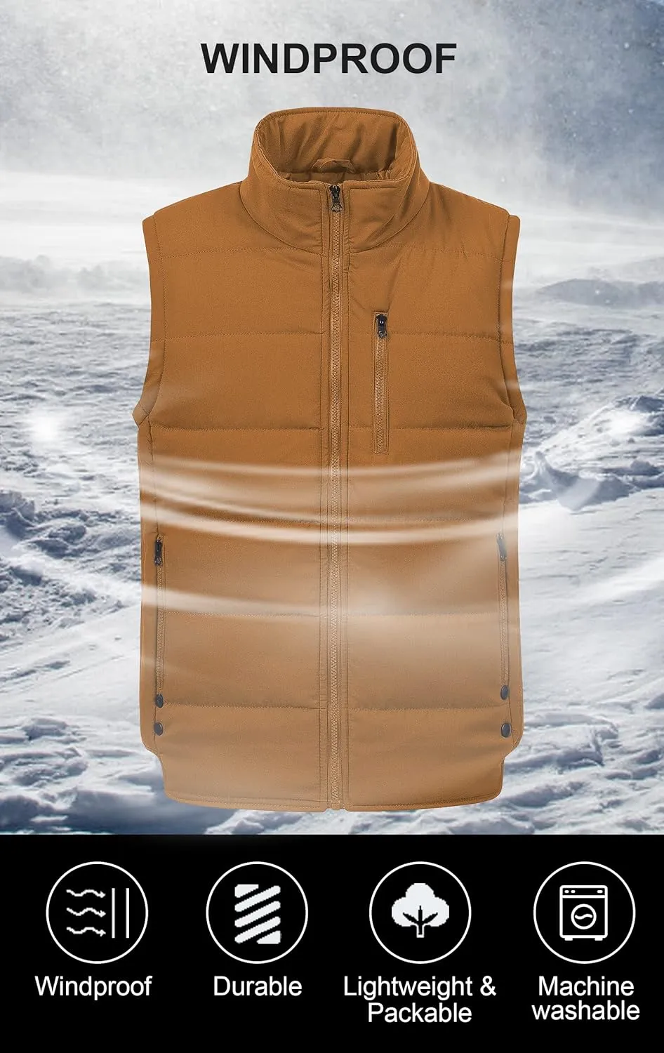 Chrisuno Men's Lightweight Winter Puffer Ski Vest Jacket Packable Outerwear