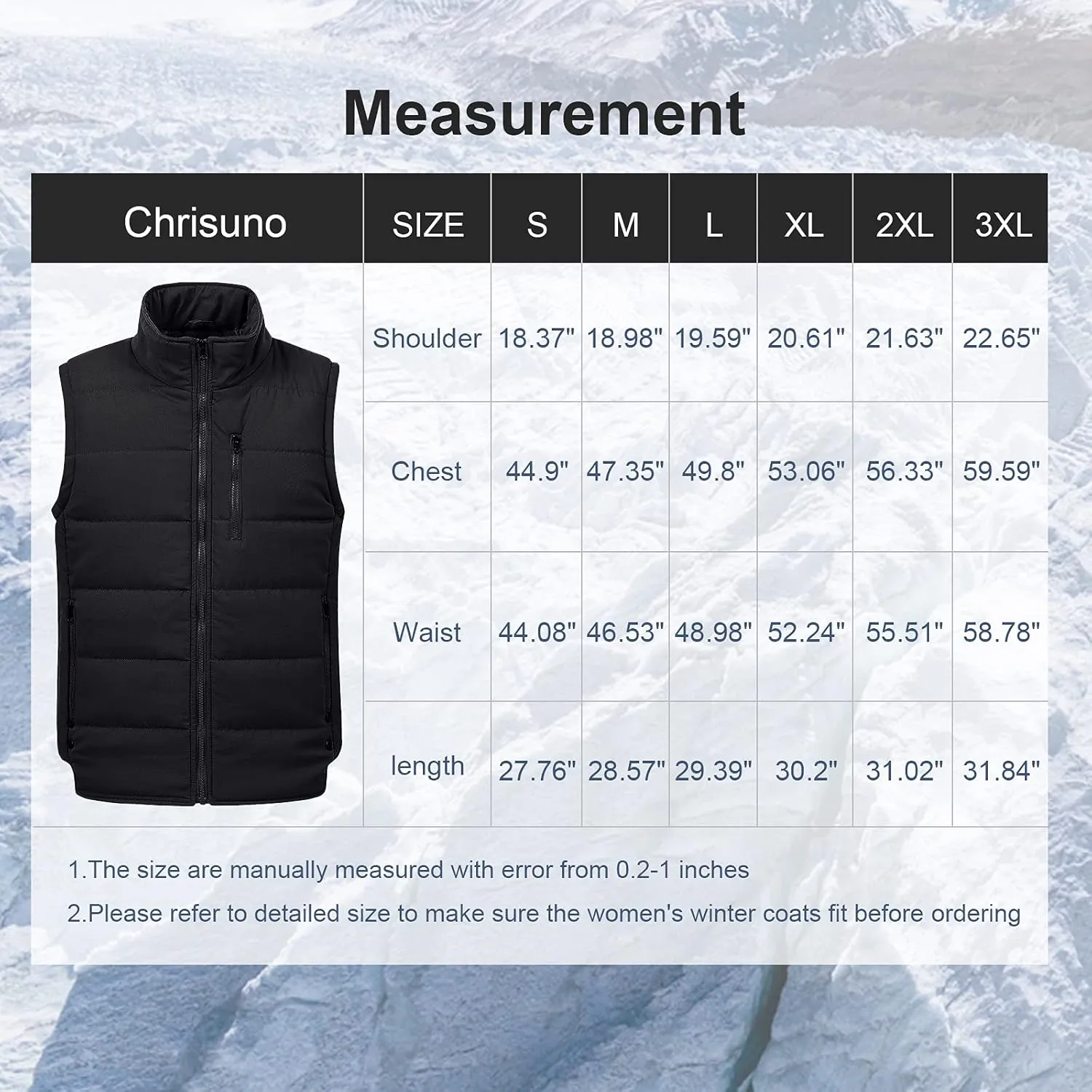 Chrisuno Men's Lightweight Winter Puffer Ski Vest Jacket Packable Outerwear
