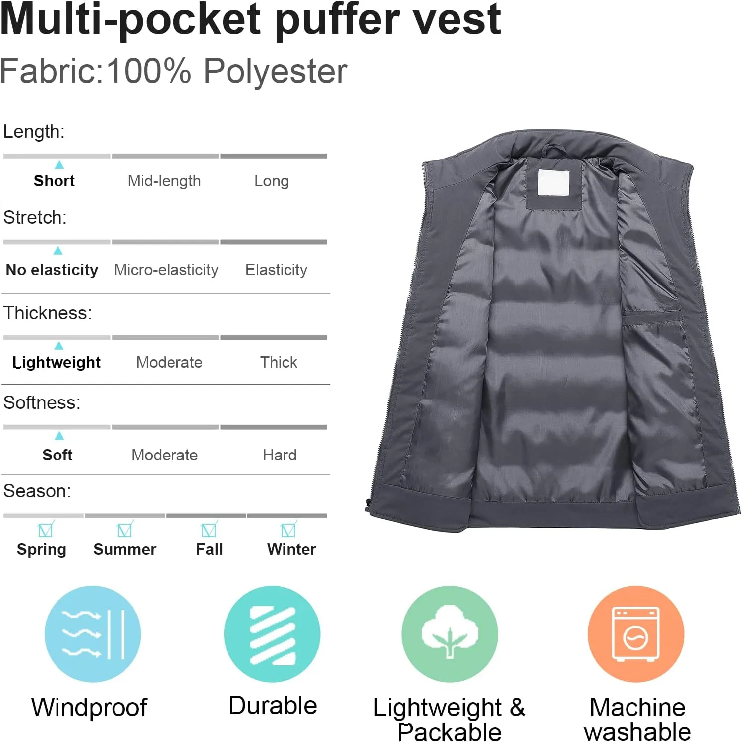 Chrisuno Men's Lightweight Winter Puffer Ski Vest Jacket Packable Outerwear