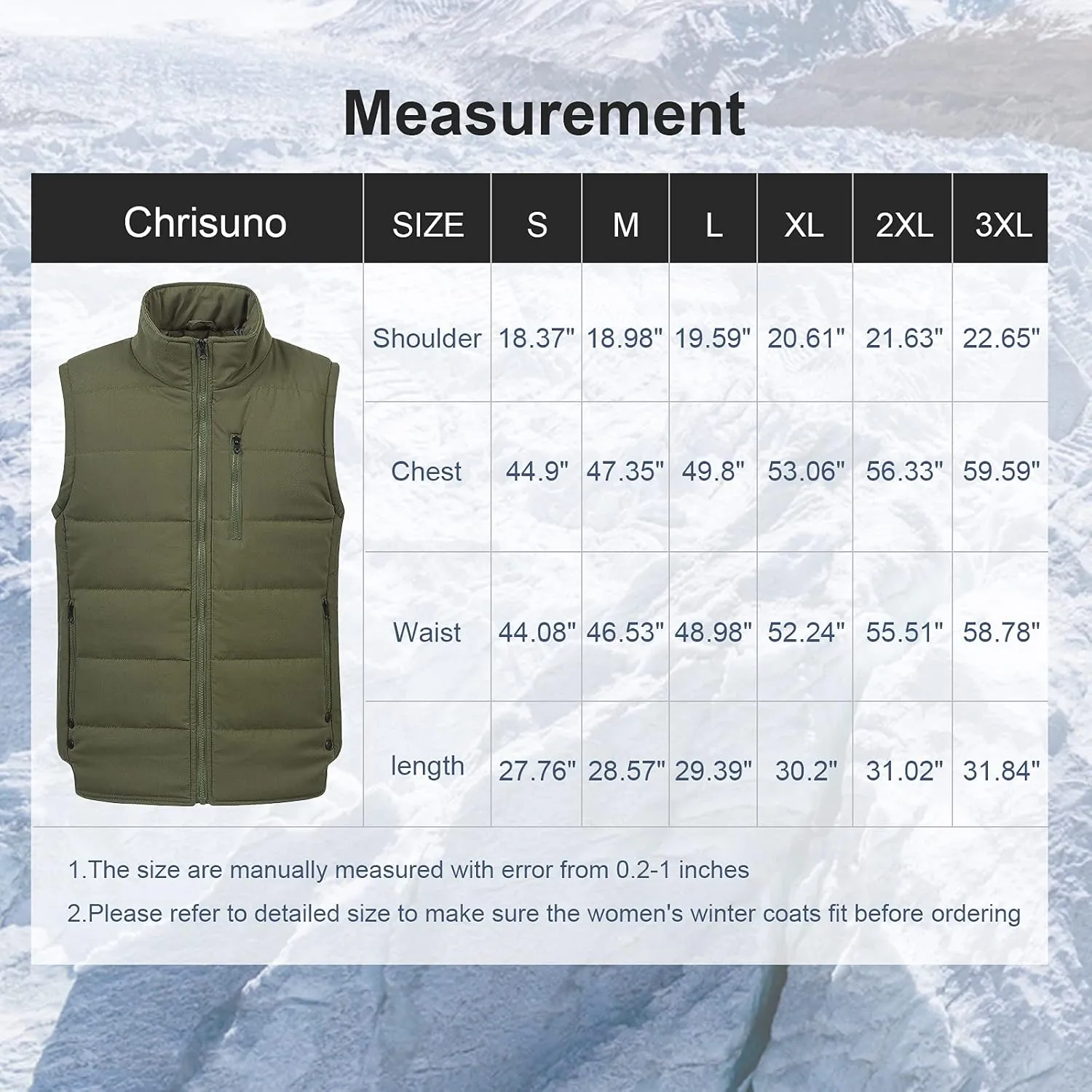 Chrisuno Men's Lightweight Winter Puffer Ski Vest Jacket Packable Outerwear