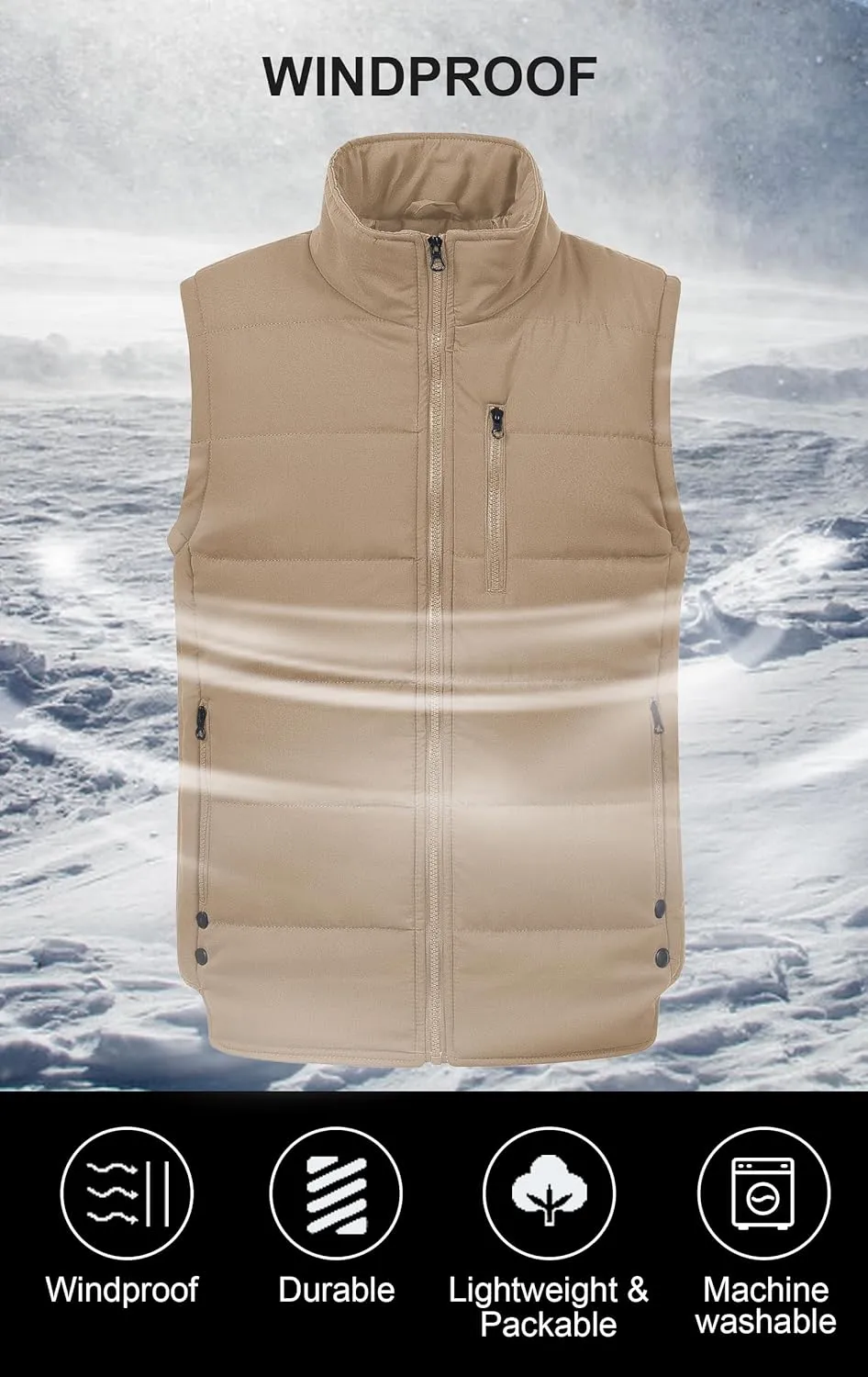 Chrisuno Men's Lightweight Winter Puffer Ski Vest Jacket Packable Outerwear