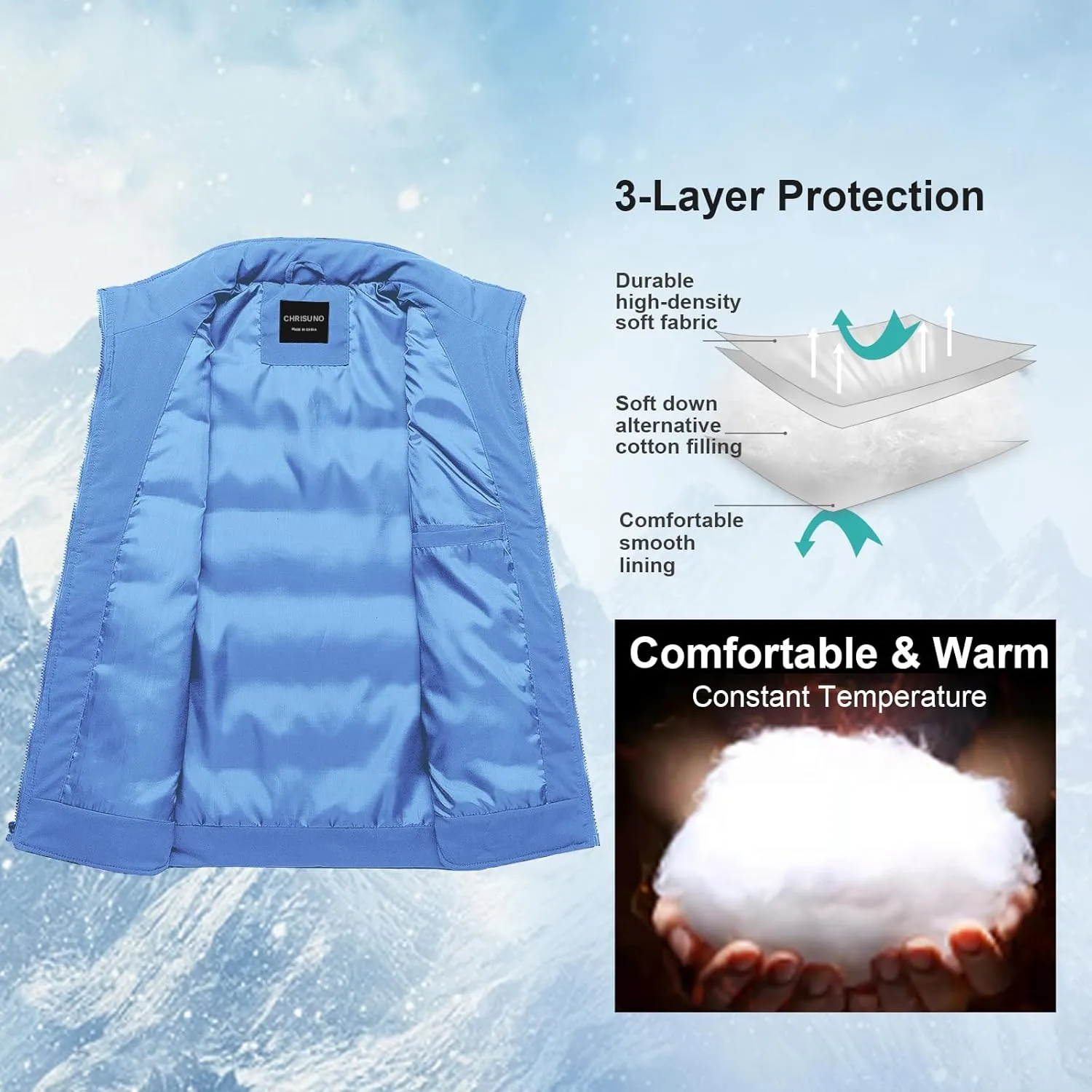 Chrisuno Men's Lightweight Winter Puffer Ski Vest Jacket Packable Outerwear