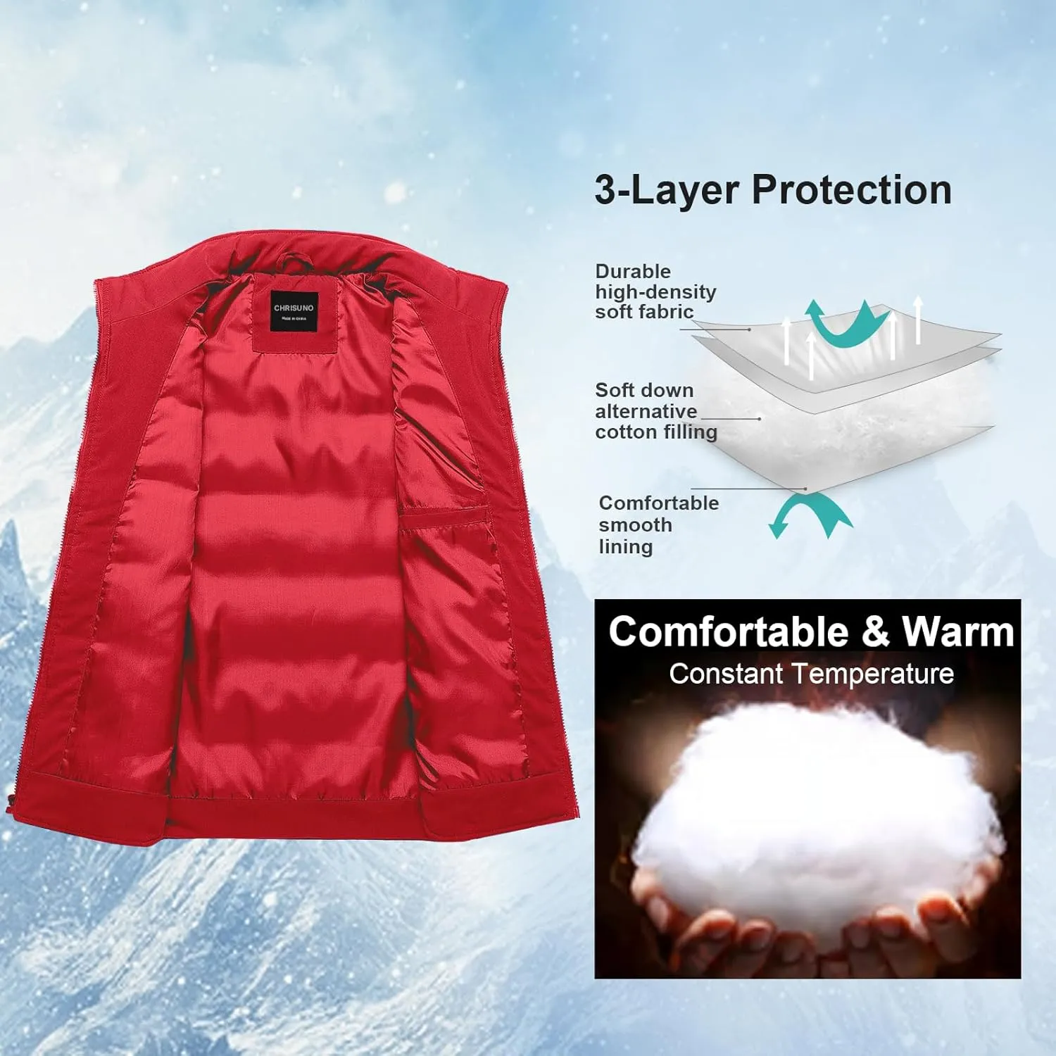 Chrisuno Men's Lightweight Winter Puffer Ski Vest Jacket Packable Outerwear