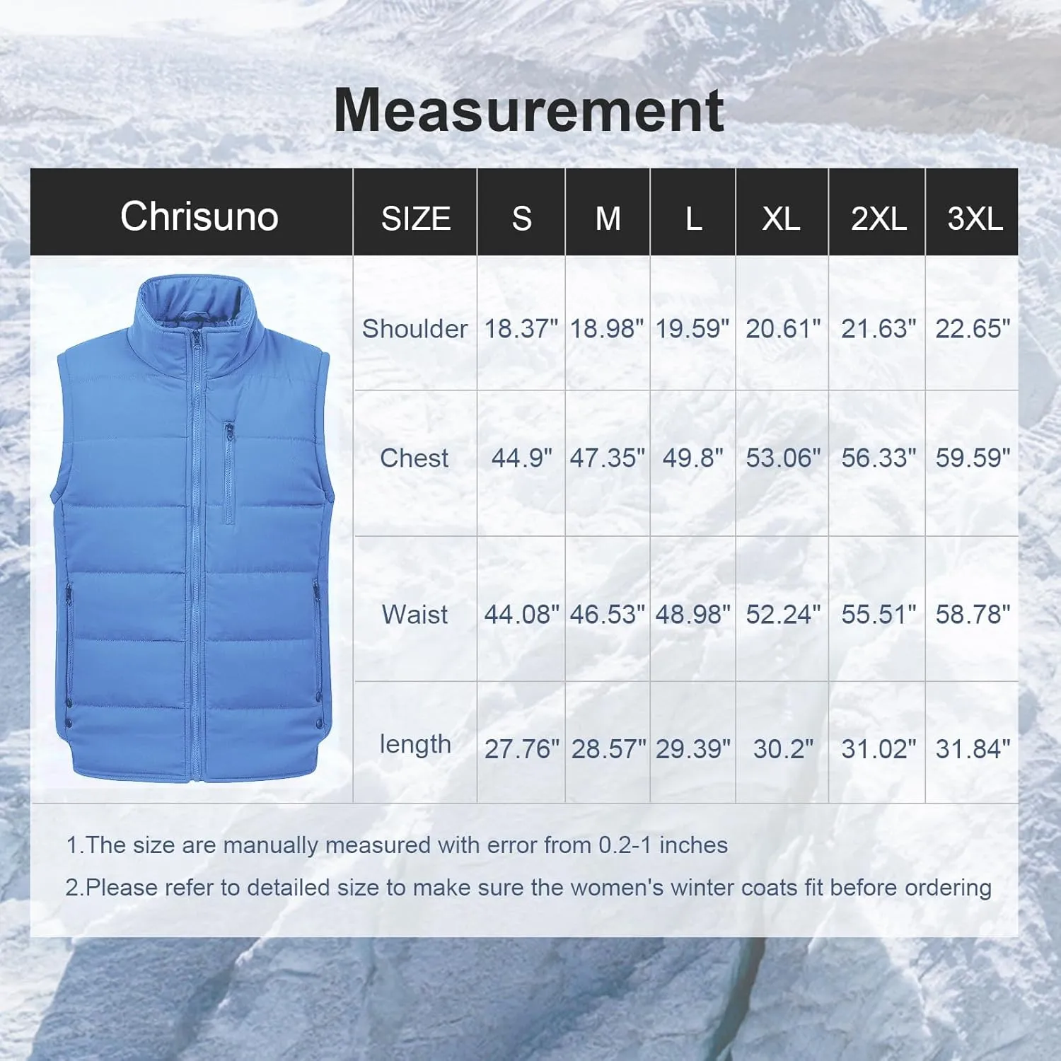 Chrisuno Men's Lightweight Winter Puffer Ski Vest Jacket Packable Outerwear