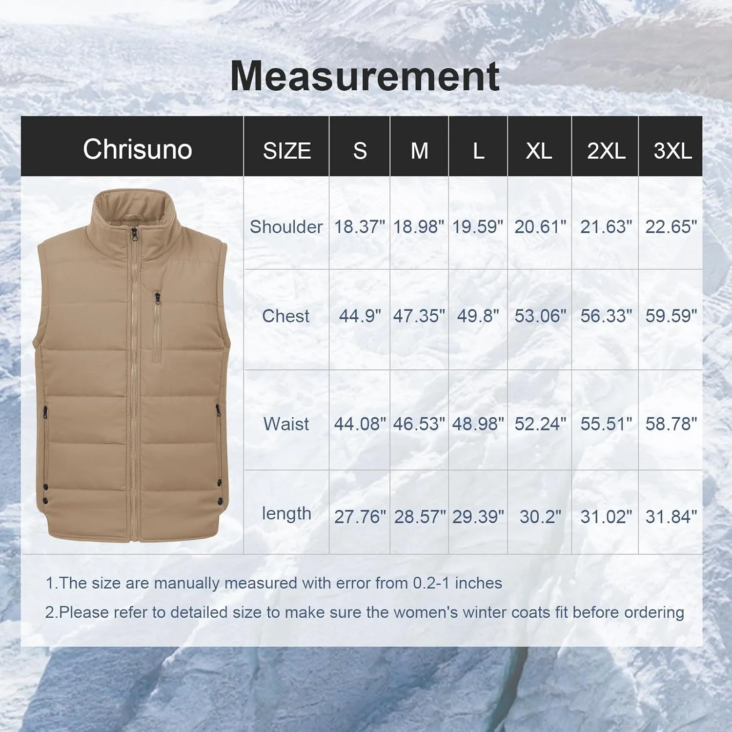 Chrisuno Men's Lightweight Winter Puffer Ski Vest Jacket Packable Outerwear
