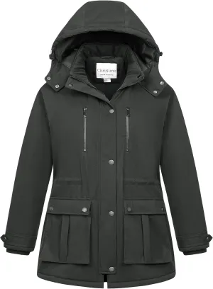 Chrisuno Women's Plus Size Winter Coat Insulated Military Parka Jacket Waterproof Fleece Lined Thickened Detachable Hood