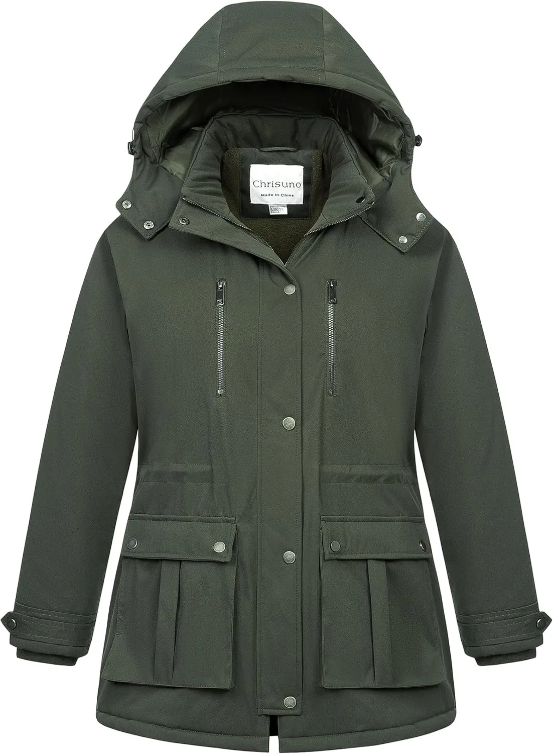 Chrisuno Women's Plus Size Winter Coat Insulated Military Parka Jacket Waterproof Fleece Lined Thickened Detachable Hood