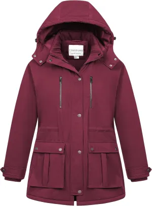 Chrisuno Women's Plus Size Winter Coat Insulated Military Parka Jacket Waterproof Fleece Lined Thickened Detachable Hood