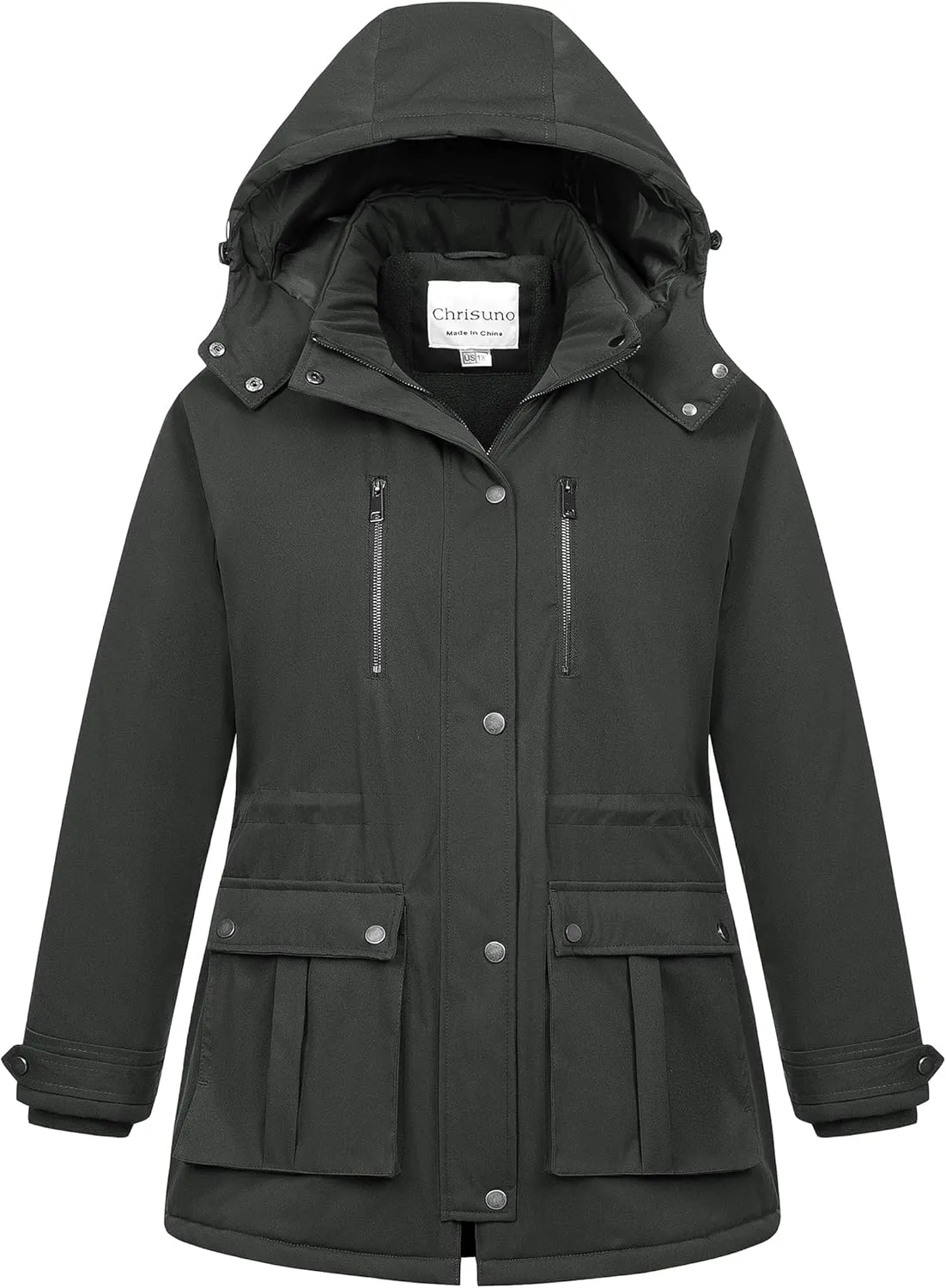 Chrisuno Women's Plus Size Winter Coat Insulated Military Parka Jacket Waterproof Fleece Lined Thickened Detachable Hood