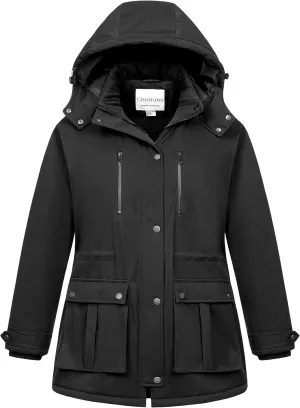 Chrisuno Women's Plus Size Winter Coat Insulated Military Parka Jacket Waterproof Fleece Lined Thickened Detachable Hood